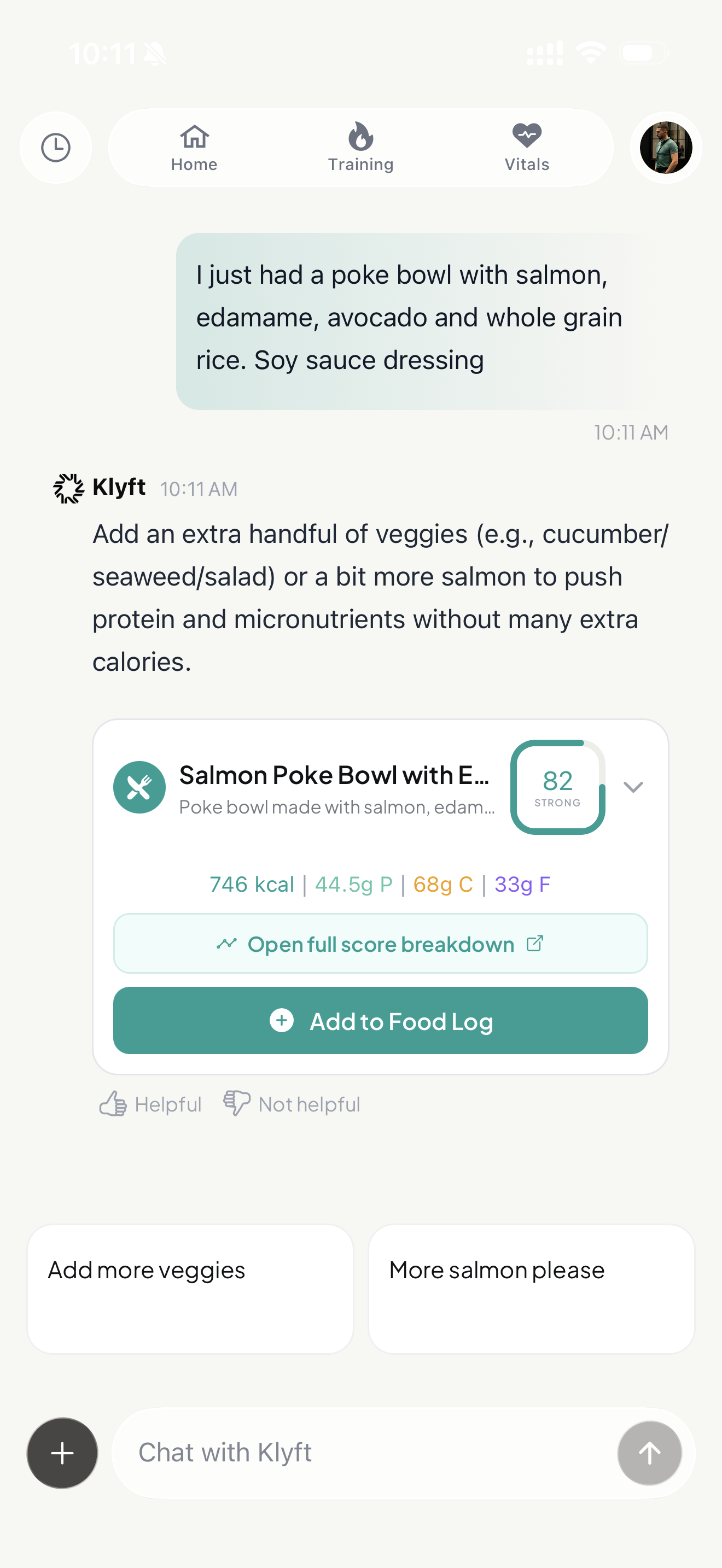 Klyft text meal analysis — describe what you ate and get instant macro breakdown